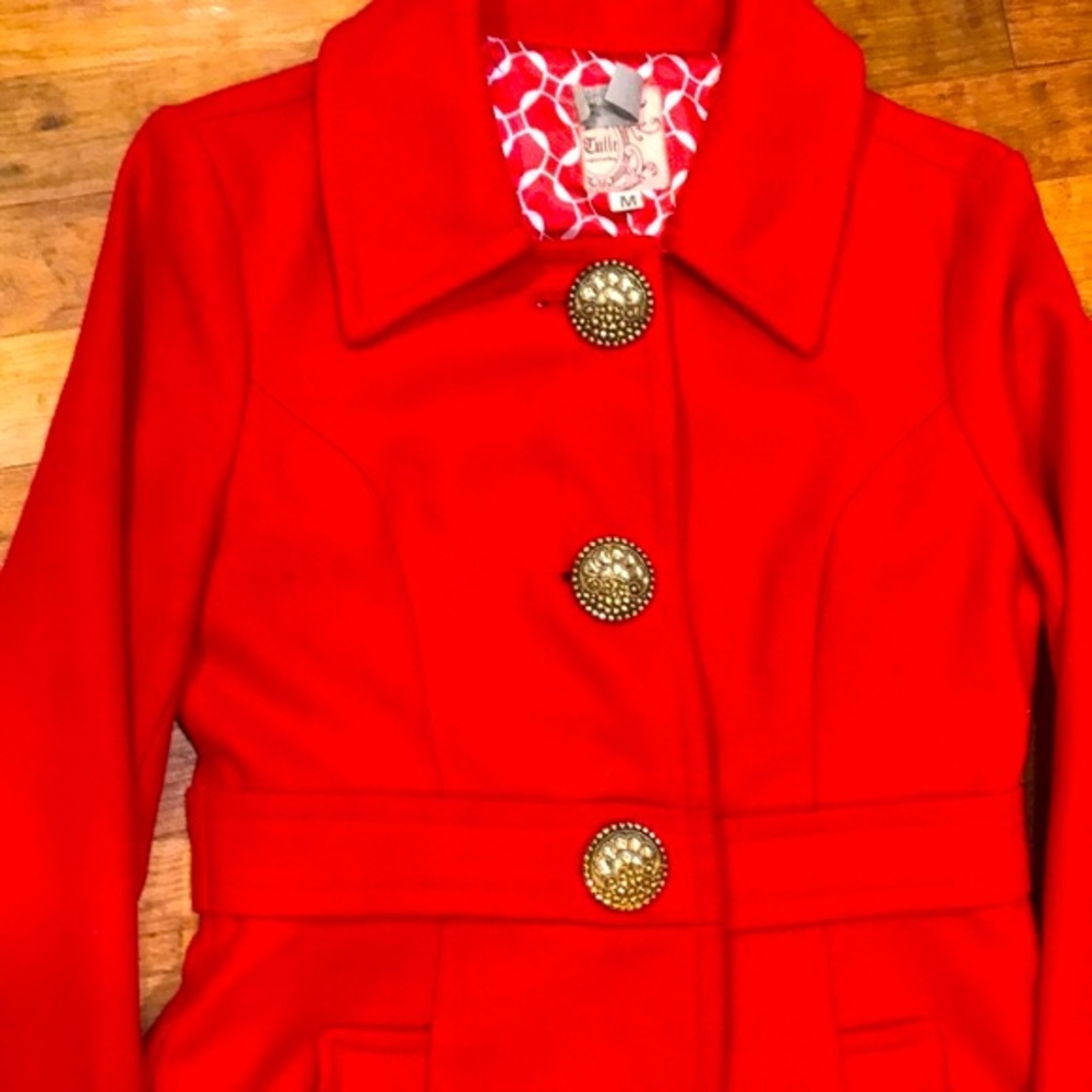 Anthropologie Red Wool Coat with Gold Buttons